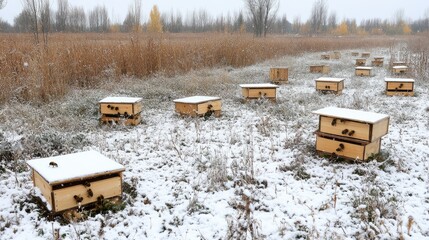 Colorful beehives positioned in a snow-laden field evoke a tranquil winter atmosphere in a minimalistic and natural rural setting, highlighting the beauty of nature's stillness