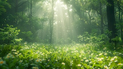 Naklejka premium Sunbeams Through a Lush Green Forest