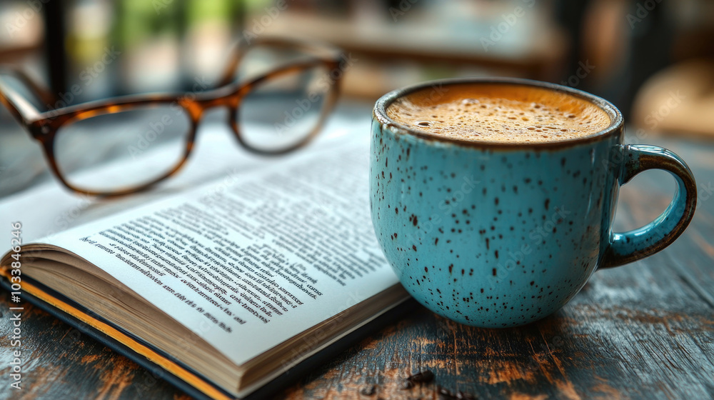 Poster a steaming cup of coffee sits beside an open book on a rustic table, creating a cozy atmosphere perf