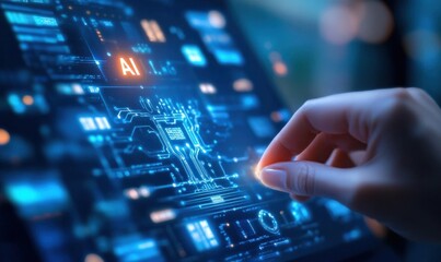 Artificial Intelligence Interface Close-Up with Hand Interaction