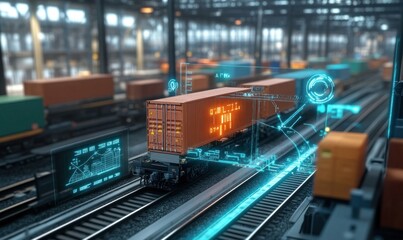 Obraz premium Futuristic Freight Train in Industrial Warehouse