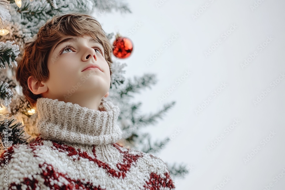 Wall mural on christmas day, an european or american faces boy dressed in new clothes,smiles as presents are pl