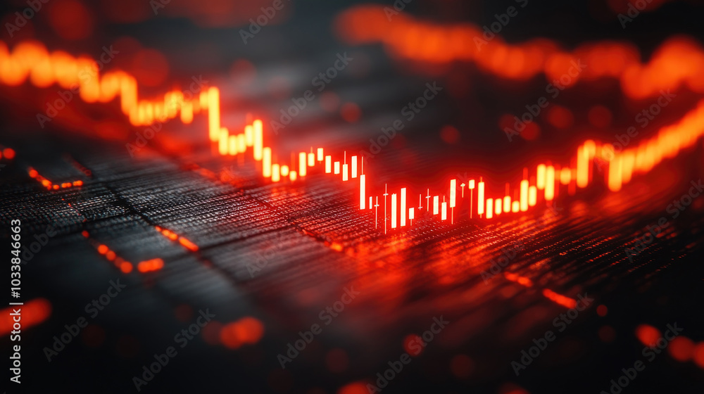 Poster a dynamic trading graph illustrates fluctuating market trends with red lines on a dark background, h