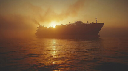 Fototapeta premium A cargo vessel navigates calm waters enveloped in mist as the sun sets, creating a striking silhouette in the golden haze