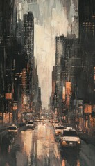 Abstract cityscape in muted tones with overlapping layers of texture and light