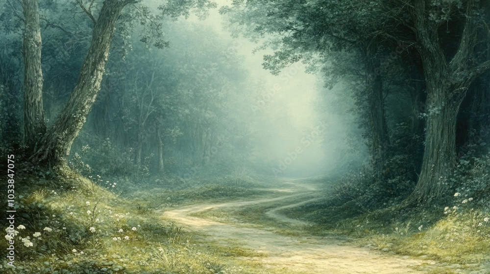 Poster a misty forest envelops a winding path at dawn, creating a tranquil atmosphere filled with the beaut
