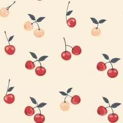 Vintage Cherry pattern on vintage beige fabric background, seamless repeating pattern, textile print style, minimal, sweet fruit design, retro decor, textiles