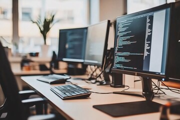 Modern Workspace with Computer Code on Screen