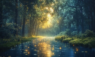 Fototapeta premium Serene Forest Stream with Golden Sunlight
