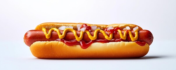 A fresh hotdog with mustard, ketchup, and onions