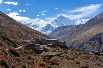 A peaceful remote village nestled in the mountains with snowy peaks in the background.