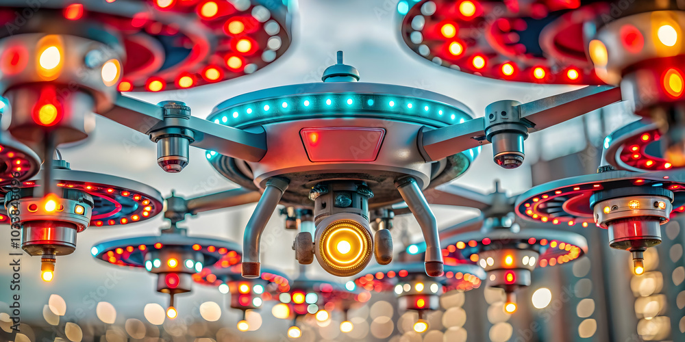Poster futuristic drone light show close-up: macro view of synchronized led drones creating intricate patte