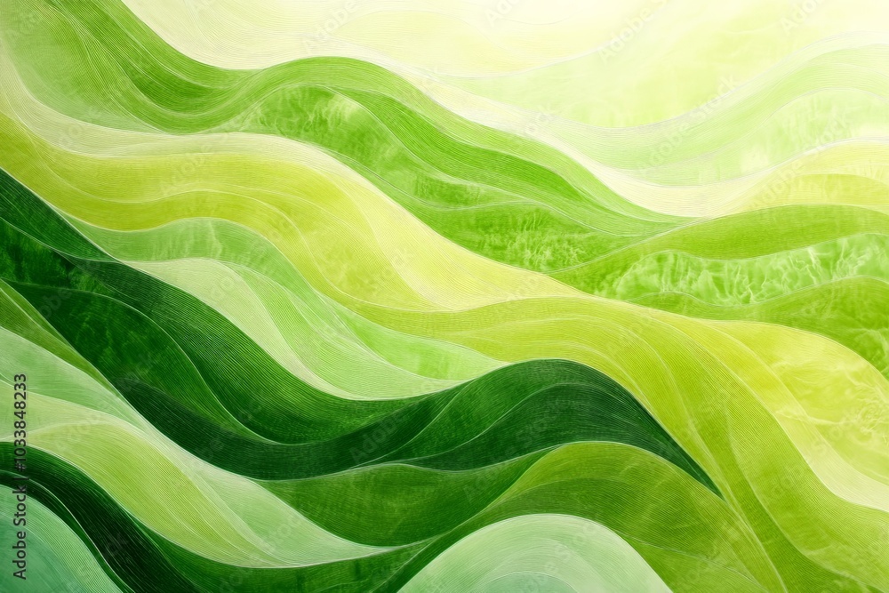 Poster Green waves layer gracefully to form a serene, nature-inspired abstract design, creating a calming rhythm and harmonious balance reminiscent of natural landscapes.