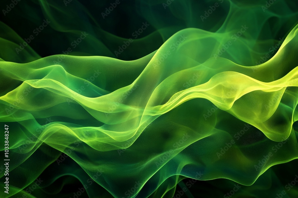 Poster This image showcases vivid green abstract waves, creating a sense of fluid dynamic motion. The color and form evoke feelings of vitality, energy, and creativity.