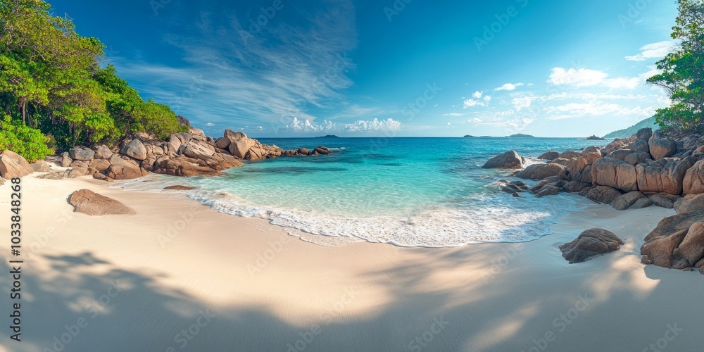 Sticker A stunning tropical beach scene with clear blue waters and soft white sand. The lush greenery adds a vibrant touch to the serene atmosphere. Perfect for travel and nature themes. AI