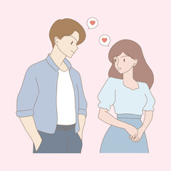 Couple talking with love. Boyfriend and girlfriend looking at each other. Falling in love. Heart shape in speech bubble behind. Hand drawn flat cartoon character vector illustration. 
