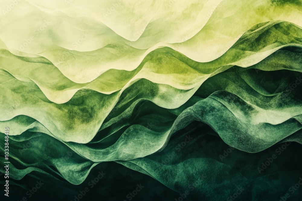 Poster green waves cascade in a layered abstract landscape, offering a captivating view of flowing forms an
