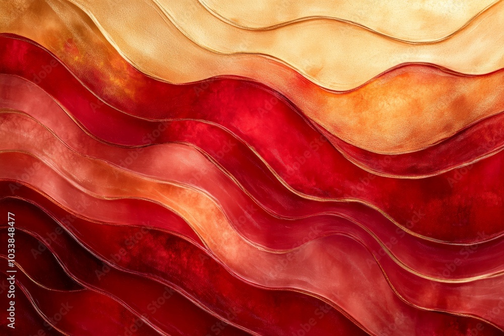 Poster an intricate blend of vibrant red and gold tones form flowing waves, creating a sense of warmth and 