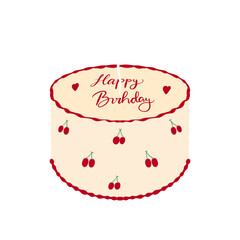 Minimalist Illustration of a Cherry-Themed Birthday Cake in a Modern Art Style