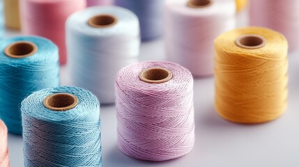 Pastel-colored sewing threads displayed in a geometric arrangement on a white background. High-definition textures, with each spool casting delicate shadows