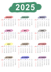 2025 monthly calendar template. Sunday start. Vector design