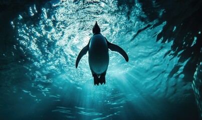 Naklejka premium Penguin Underwater with Sunbeams Shining