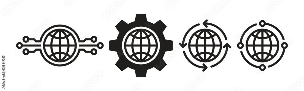 Poster globe concept icons set vector design. gear cogwheel mechanic and globe sign. computer network seo i