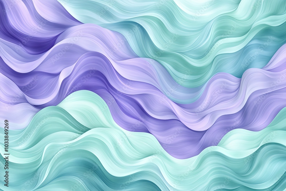 Poster This image features calm pastel waves in soothing mint and lavender variations, creating a serene and visually pleasing abstract pattern with gentle curves.