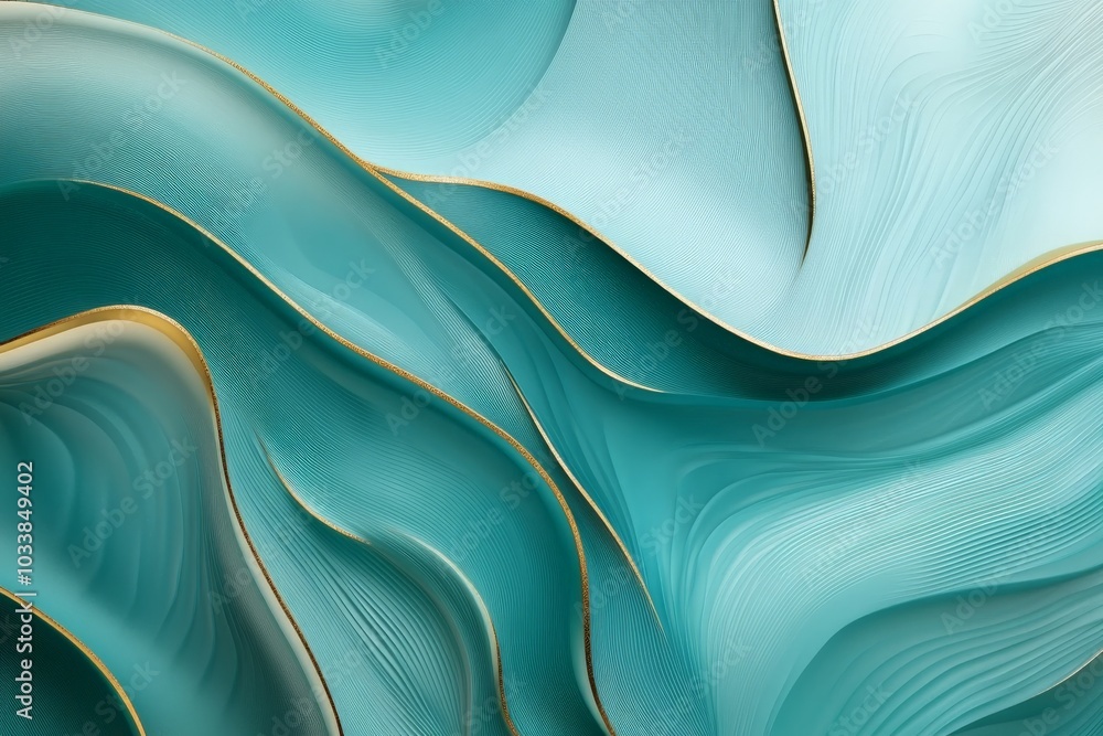 Poster this image presents soothing aqua waves intertwined with gold lines, forming a fluid abstract artwor