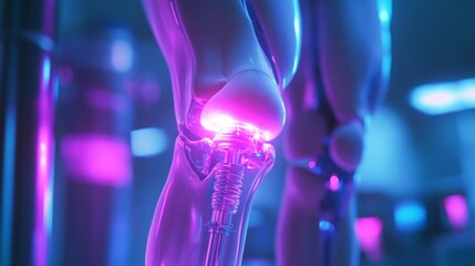 A prosthetic knee joint is illuminated by vibrant pink and blue lights. The joint is made of metal and plastic and is designed to replicate the movement of a natural knee.