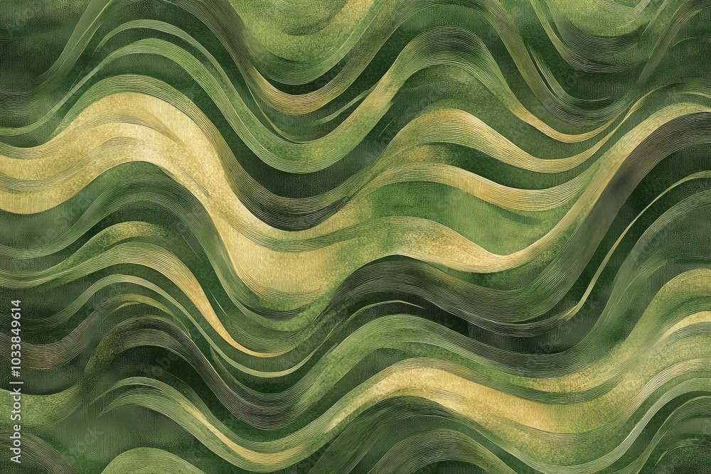 Poster A fluid, abstract green and gold swirling pattern, capturing a wavy movement with dynamic flow reminiscent of nature's elements like water and grass.