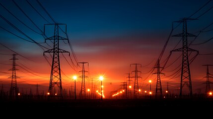 Stunning Sunset Over Electric Transmission Infrastructure in Rural Landscape