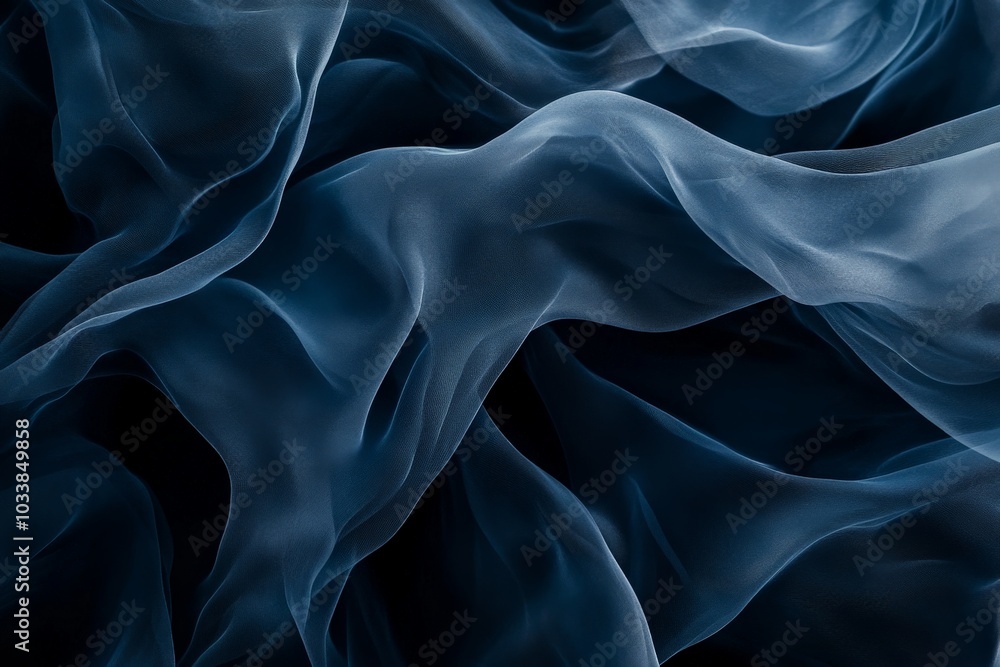 Poster Image of abstract silky fabric-like flowing folds in deep blue hues, creating an impression of elegance and sophistication with a smooth, ethereal touch.