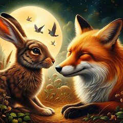 Peaceful nighttime scene where a fox and a hare are tenderly saying goodnight to each other. They sit closely in a meadow under the moon, surrounded by soft grass, wildflowers. Harmony. Generative AI