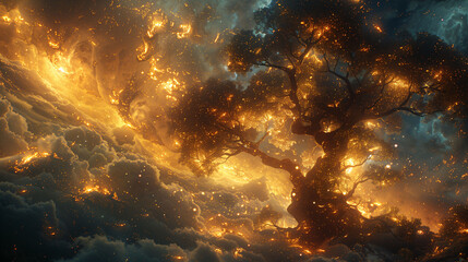 Celestial Tree of Life Radiating Golden Light in Cosmic Clouds