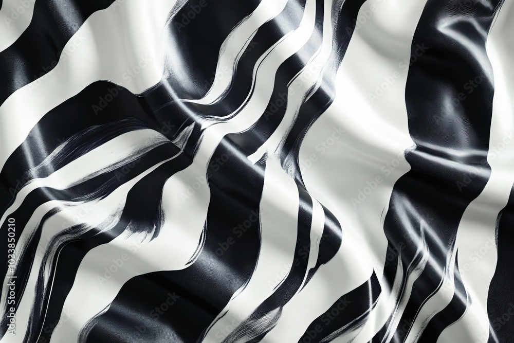 Poster An abstract image with black and white waves featuring a shiny texture, capturing the illusion of movement and creating a sense of fluid elegance.