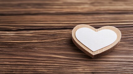 Obraz premium Rustic wooden heart with adhesive plasters, laying on a wooden surface. Empty space on top for text, soft shadows creating a cozy feel