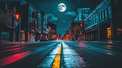 Fototapeta premium A city street at night with the moon shining above, streetlights casting a warm glow, and the moonlight adding a silver tint. --chaos