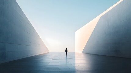 Lone silhouetted figure walking on a vast geometric architectural pathway in a tranquil minimalist setting long title A lone silhouetted figure
