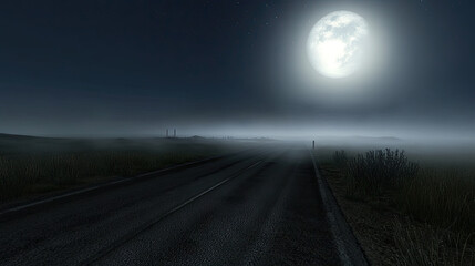 A dark road illuminated by the light of a large moon, with fog creeping across the asphalt and the sky full of stars. --chaos
