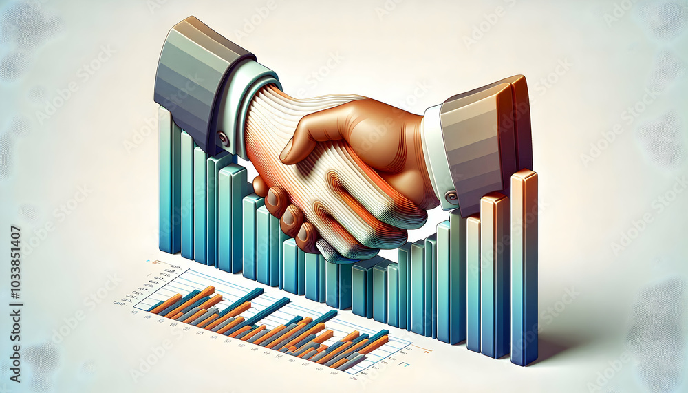 Poster 3d handshake icon transforming into bar graph | vector illustration of hands shaking with gradient g