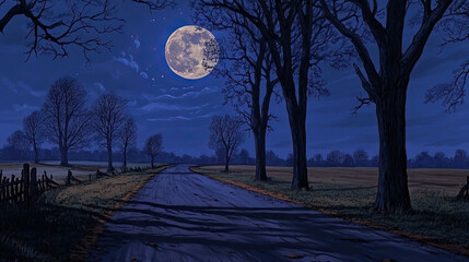 A deserted country road at night, illuminated by a large full moon, with tall trees casting long shadows. --chaos