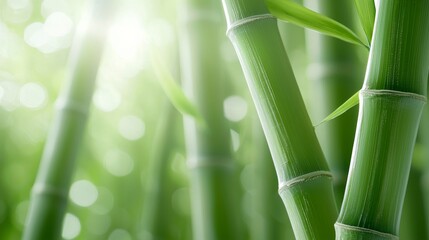 Sharp, green bamboo stems with soft, defocused background, designed to provide space for text in a clean, natural setting