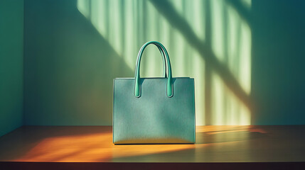 A single pastel green shopping bag with smooth handles centered on a sleek wooden table, against a plain white backdrop, warmly lit with vibrant studio lighting
