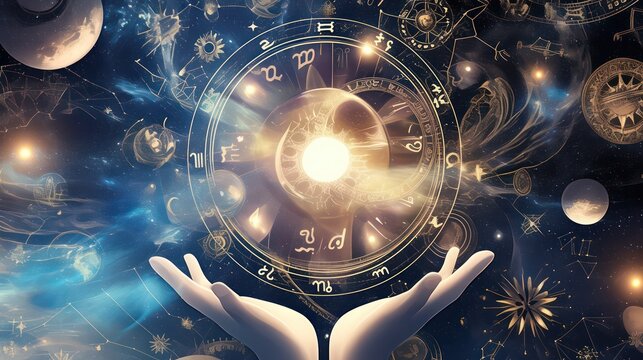 A hand is holding a circle with many symbols on it