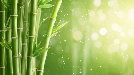 Obraz premium Softly lit bamboo stems, vibrant green against a beautifully blurred backdrop, creating an elegant and serene natural scene with space for text