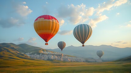 Obraz premium Four colorful hot air balloons soar high above a scenic landscape of rolling hills and mountains at sunset.