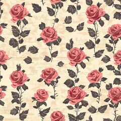 Vintage Damask rose pattern on vintage beige fabric background, seamless repeating pattern, textile print style, minimal, Damask design, seamless rose pattern, home decor, textile