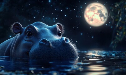 Majestic Hippo Under Moonlit Night Sky