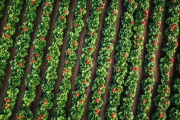 Aerial view of rows of fruiting plants, each with bright red tops, showcasing a well-organized farm setup in a fertile landscape, bathed in golden sunlight.